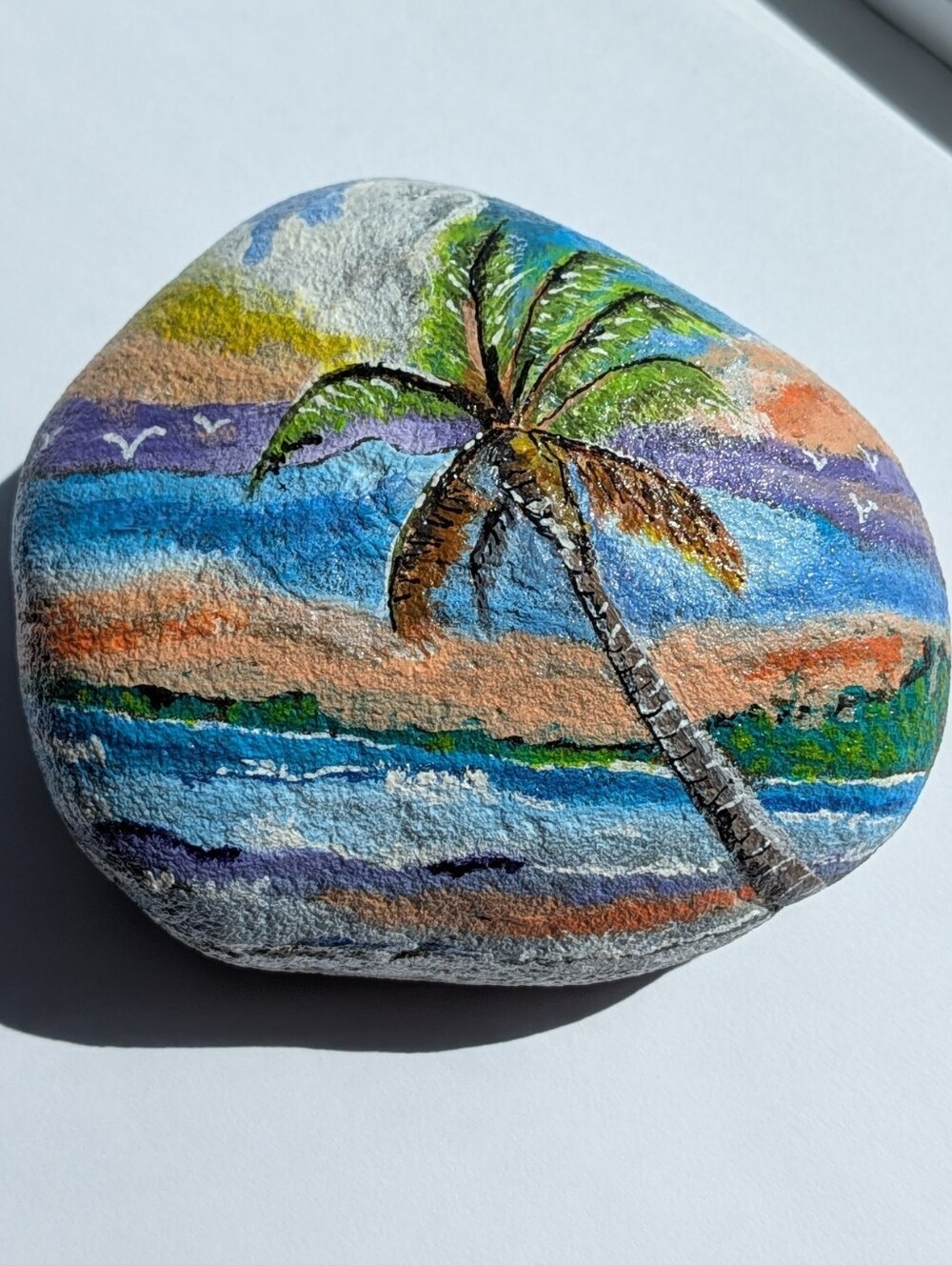 Hand-Painted Tropical Palm Beach Rock - Multicolor
